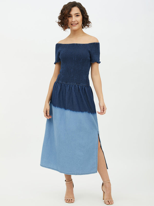 Women's Denim Smocking Dress with Ombre effect