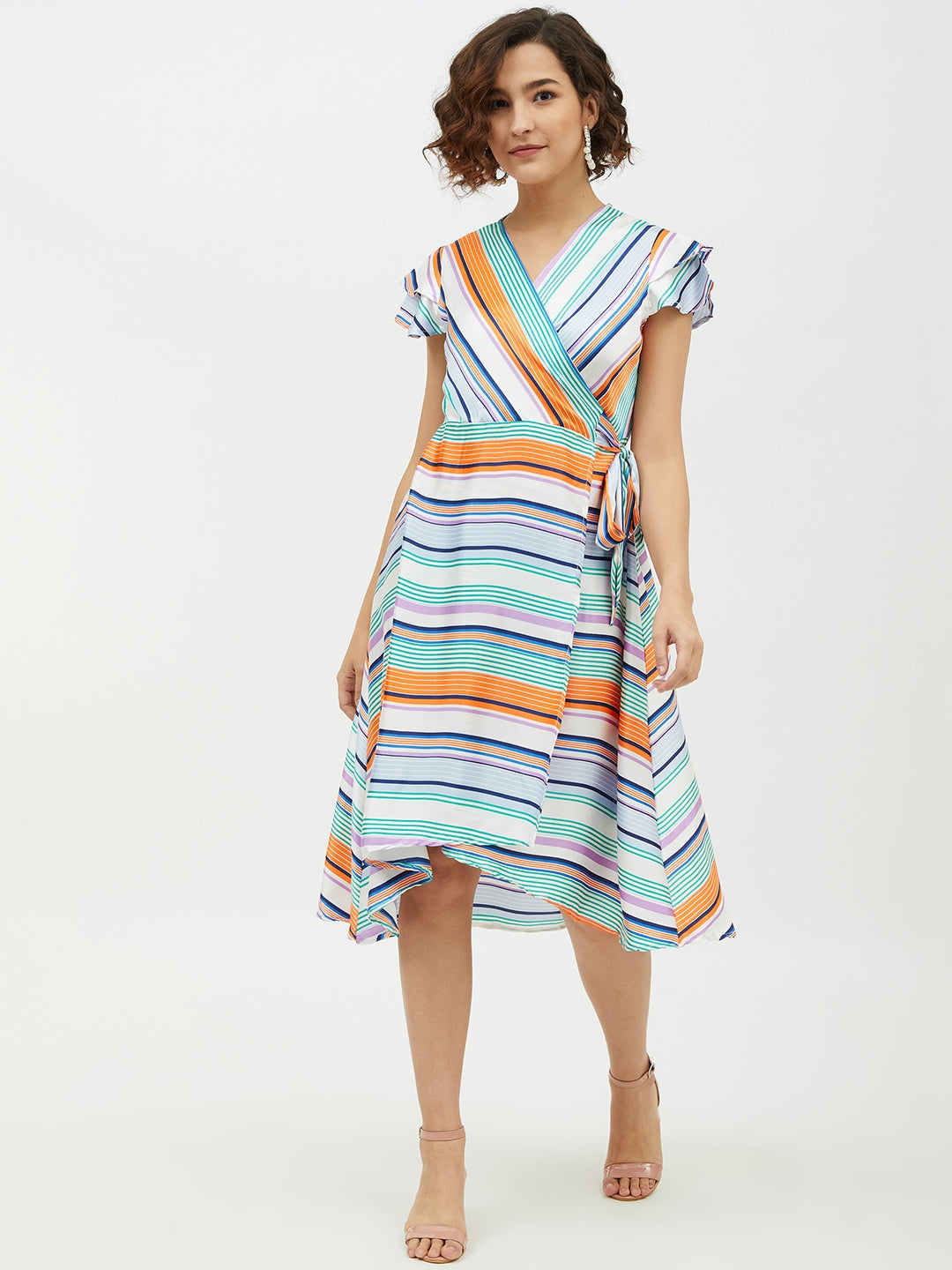 Women's Polyester Satin Striped Wrap Dress