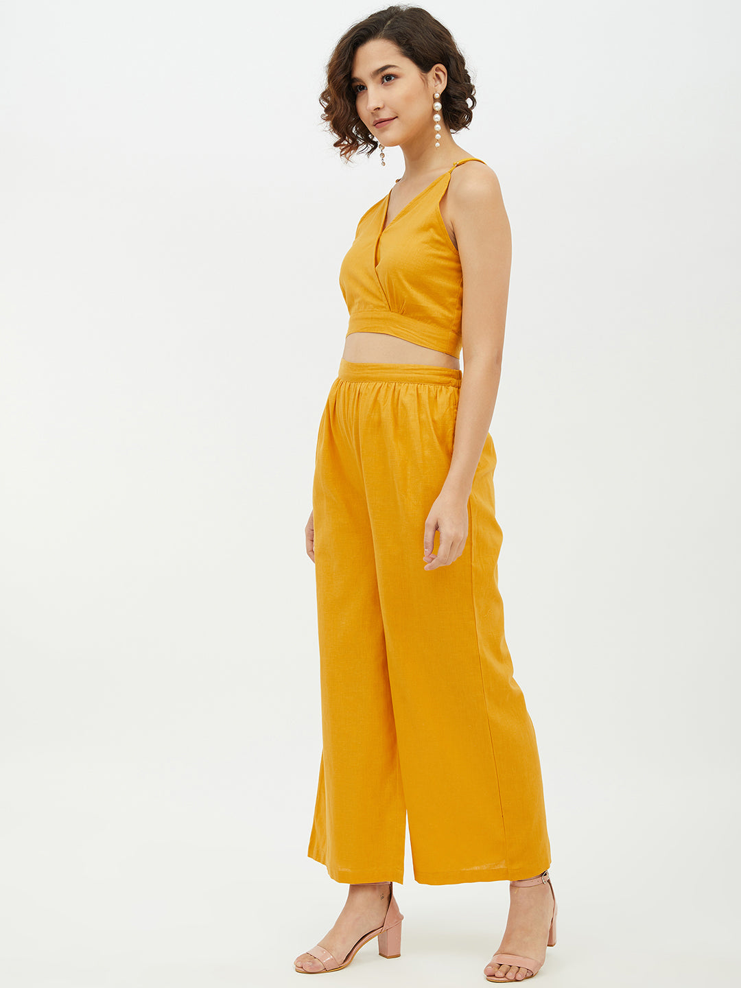 Women's Cotton Linen Yellow Crop Top and Palazzo set