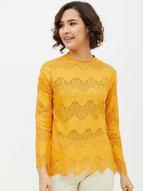 Women's Yellow Self Detail Lace Top