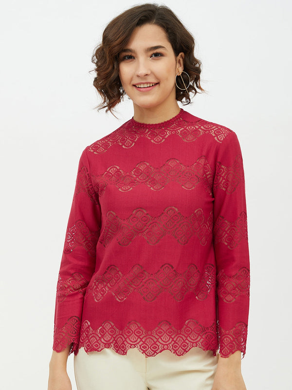 Women's Maroon Self Detail Lace Top