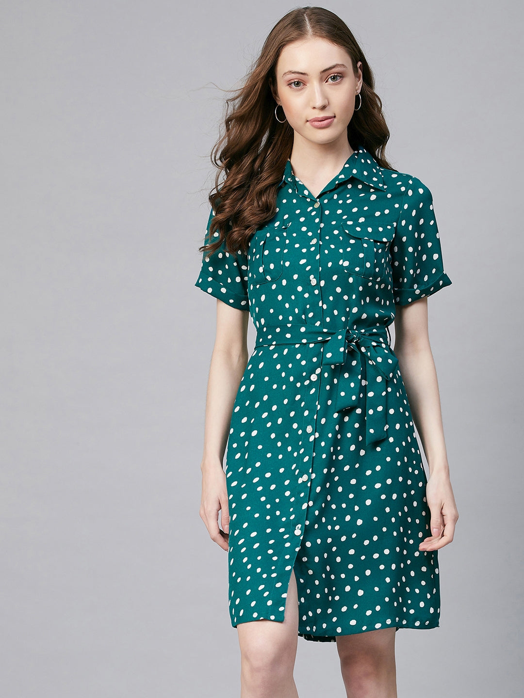 Women's Green & White Polka Polyester Shirt Dress