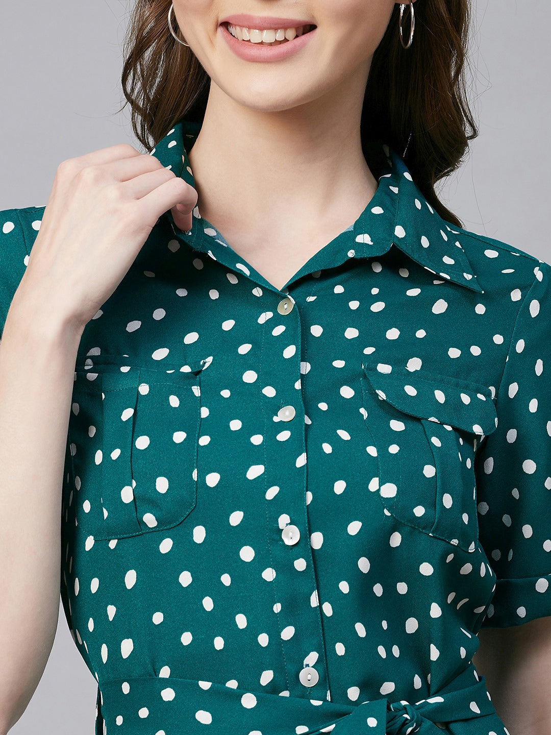 Women's Green & White Polka Polyester Shirt Dress