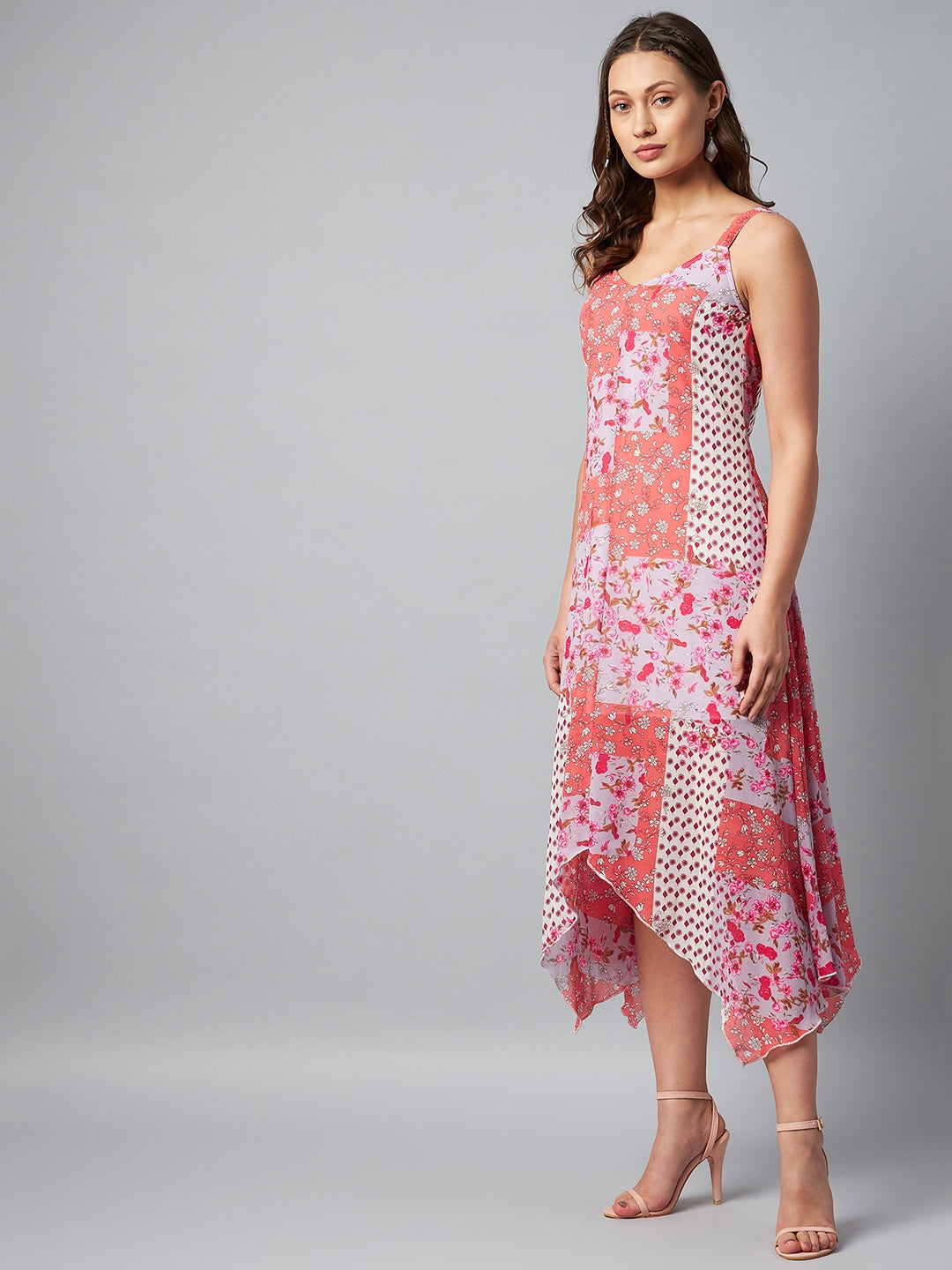 Women's Asymmetric Pink Tile Print Dress