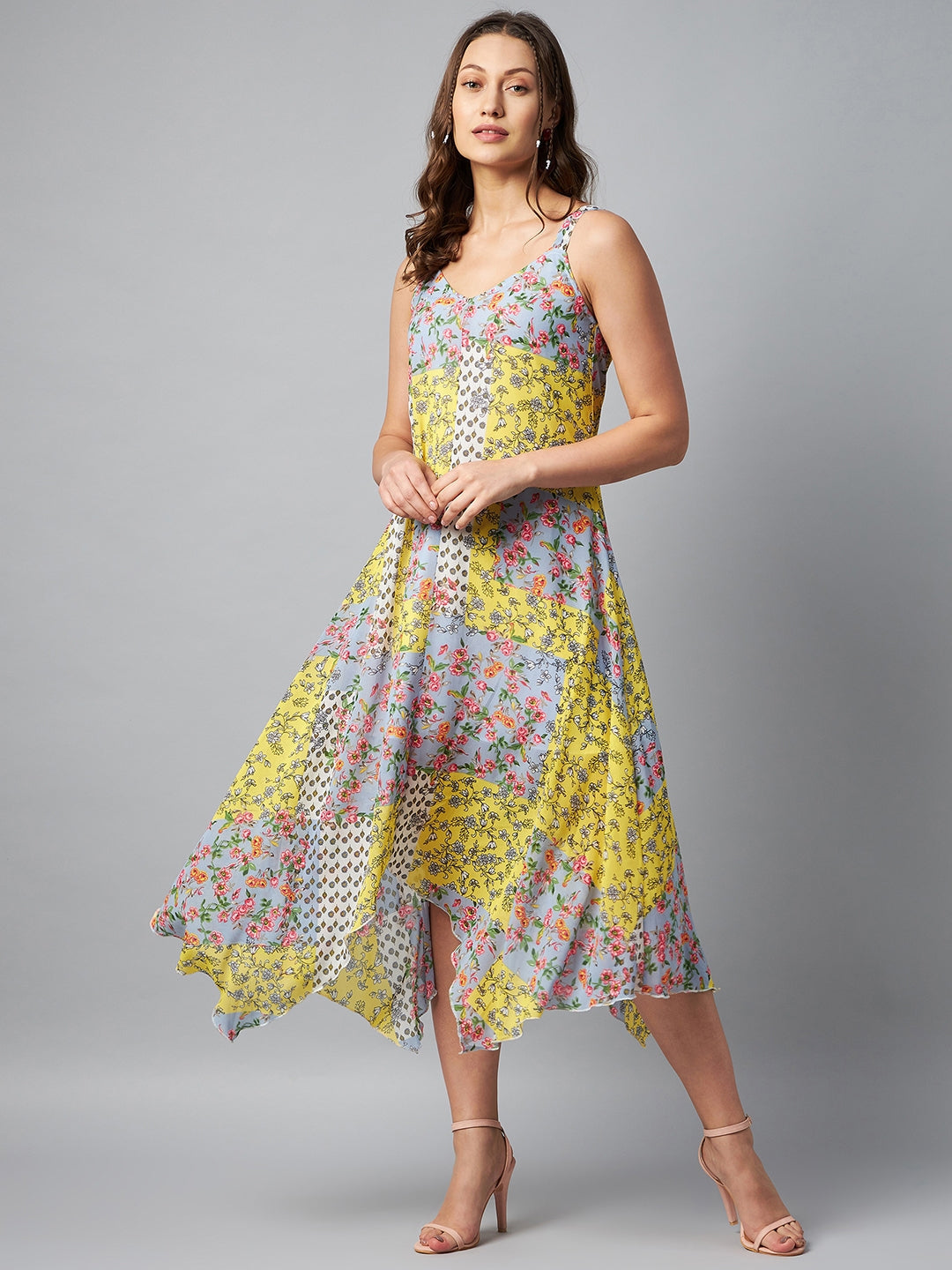 Women's Asymmetric Yellow Tile Print Dress