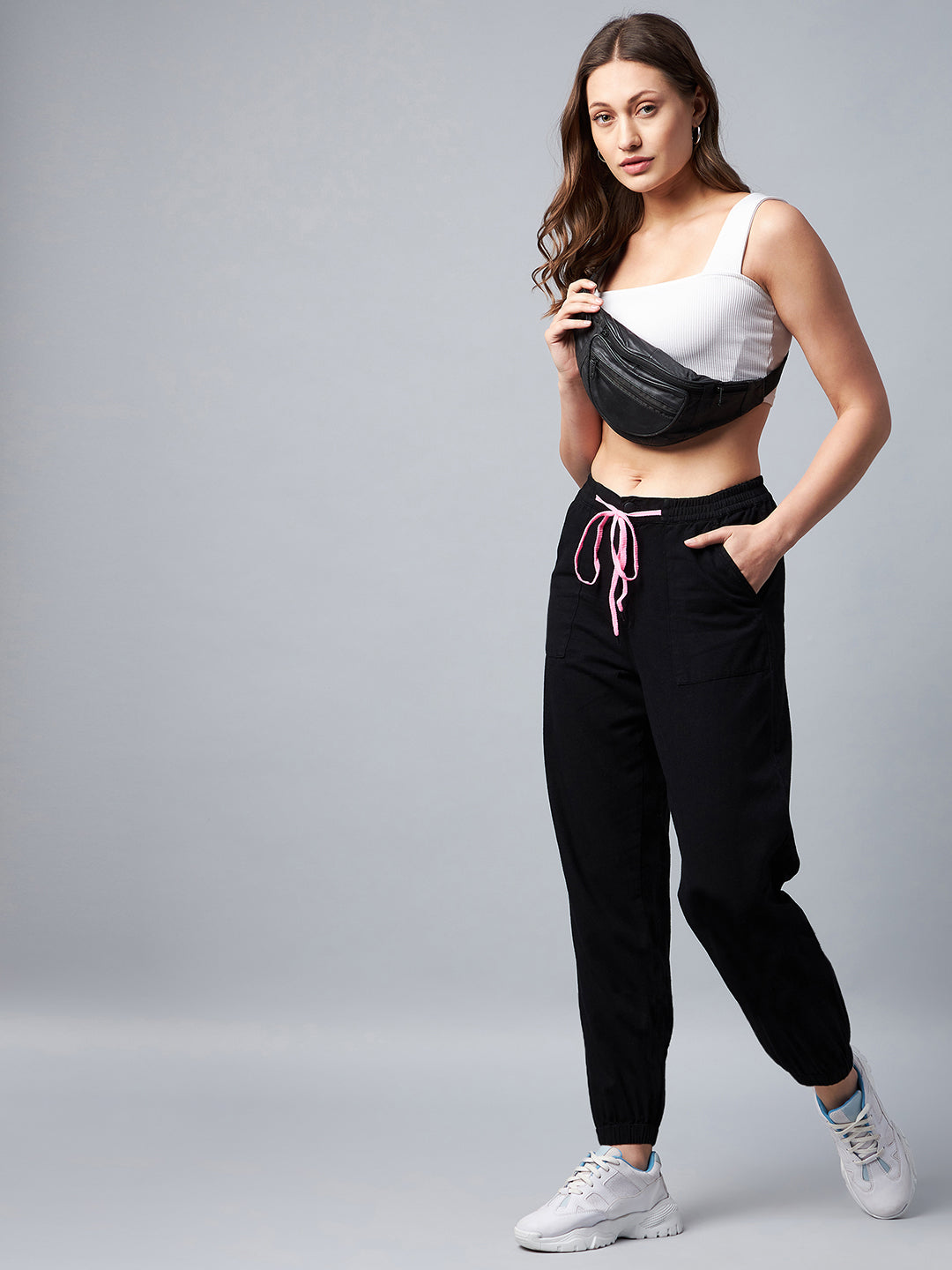 Women's Black Cotton Twill Jogger with Pink Draw String