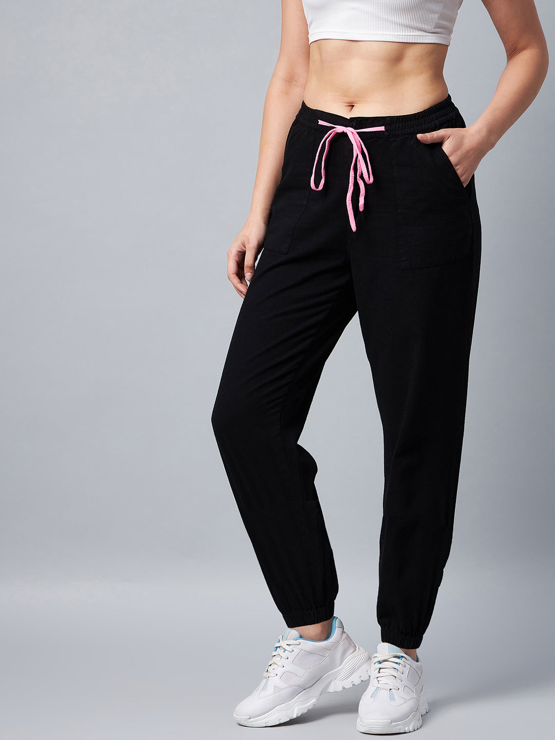 Women's Black Cotton Twill Jogger with Pink Draw String