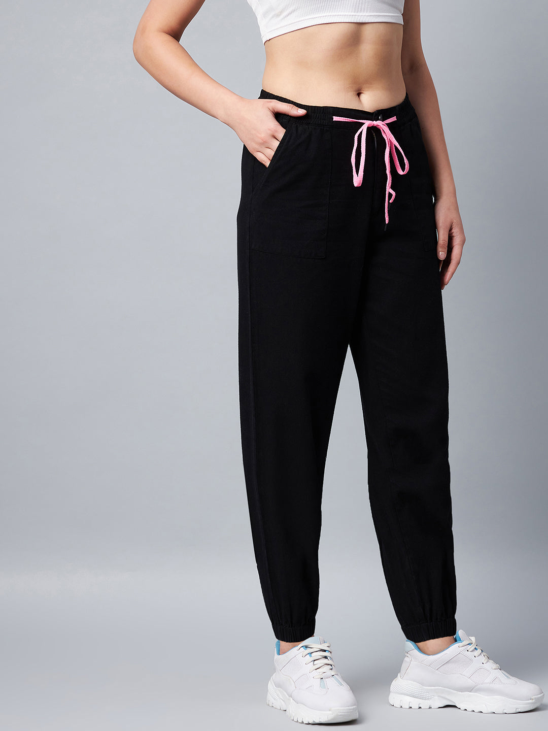 Women's Black Cotton Twill Jogger with Pink Draw String