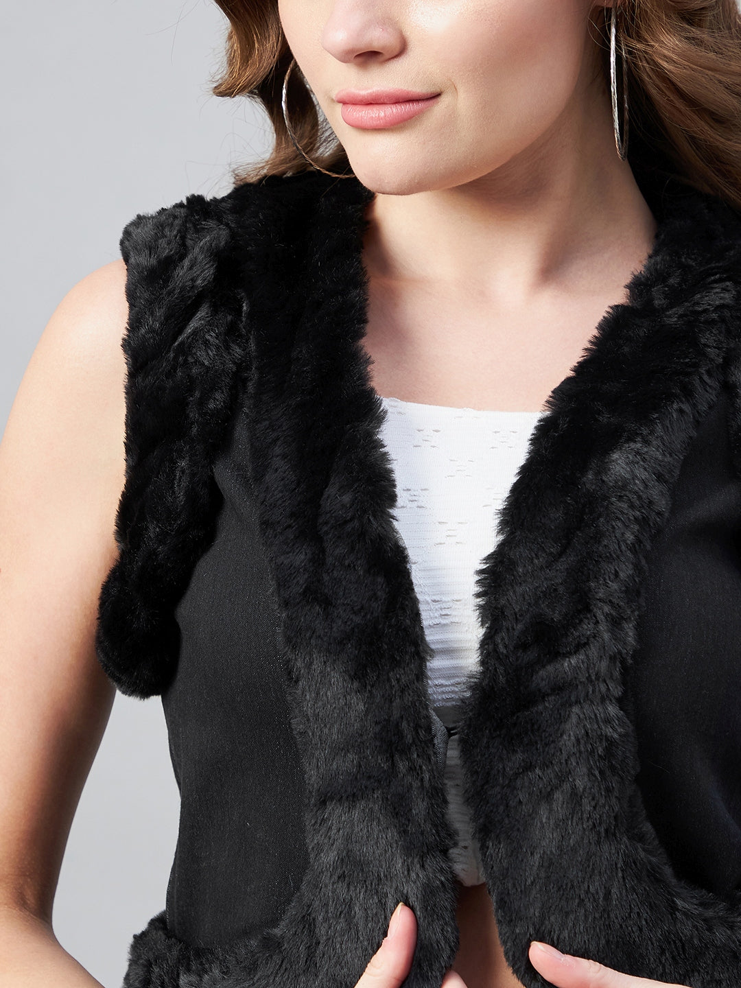 StyleStone Women's Denim and Fur Trim Bolero Crop Shrug