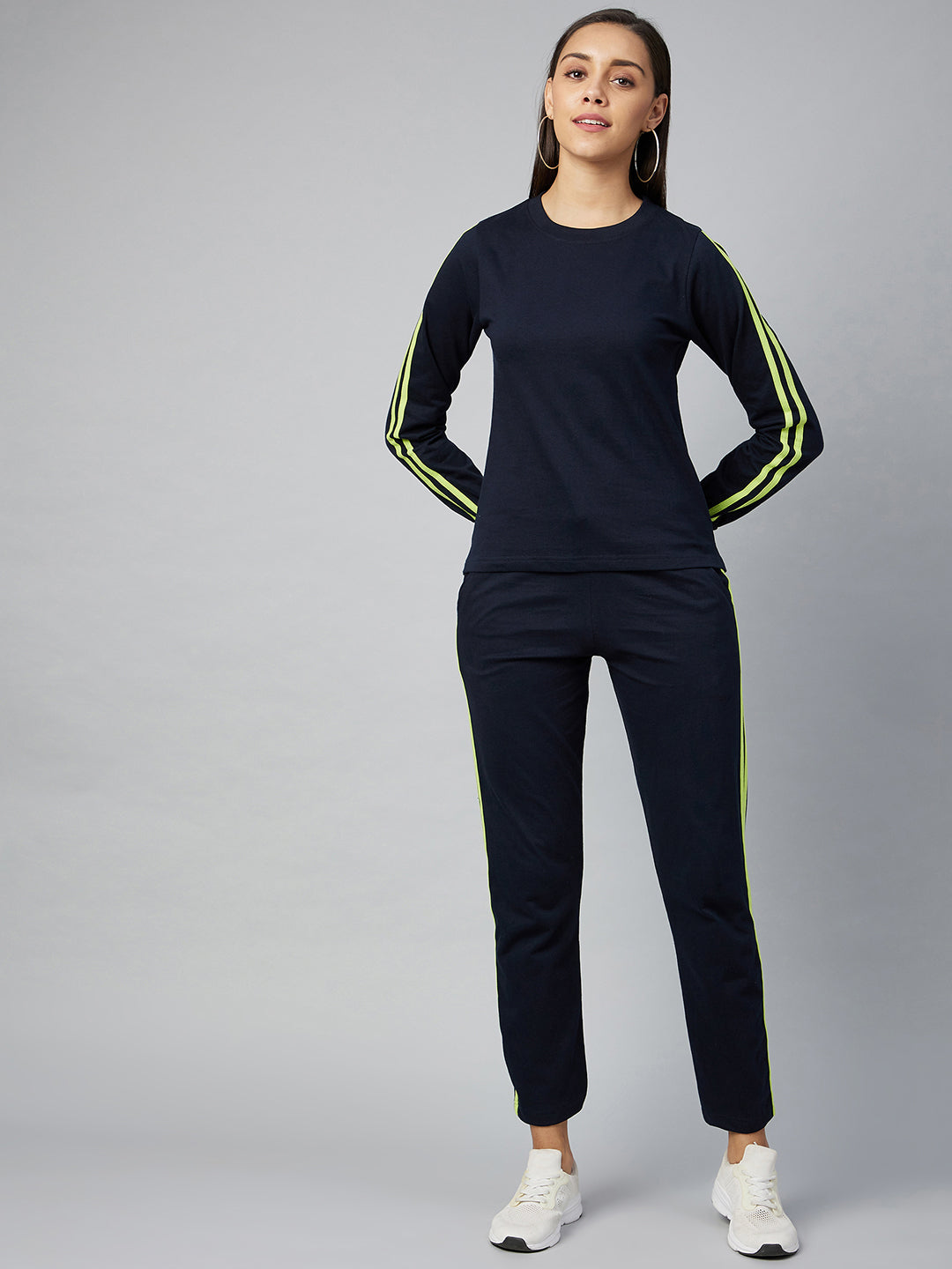 Women's Cotton Navy Blue Track Suit Set with Lime Green Stripe