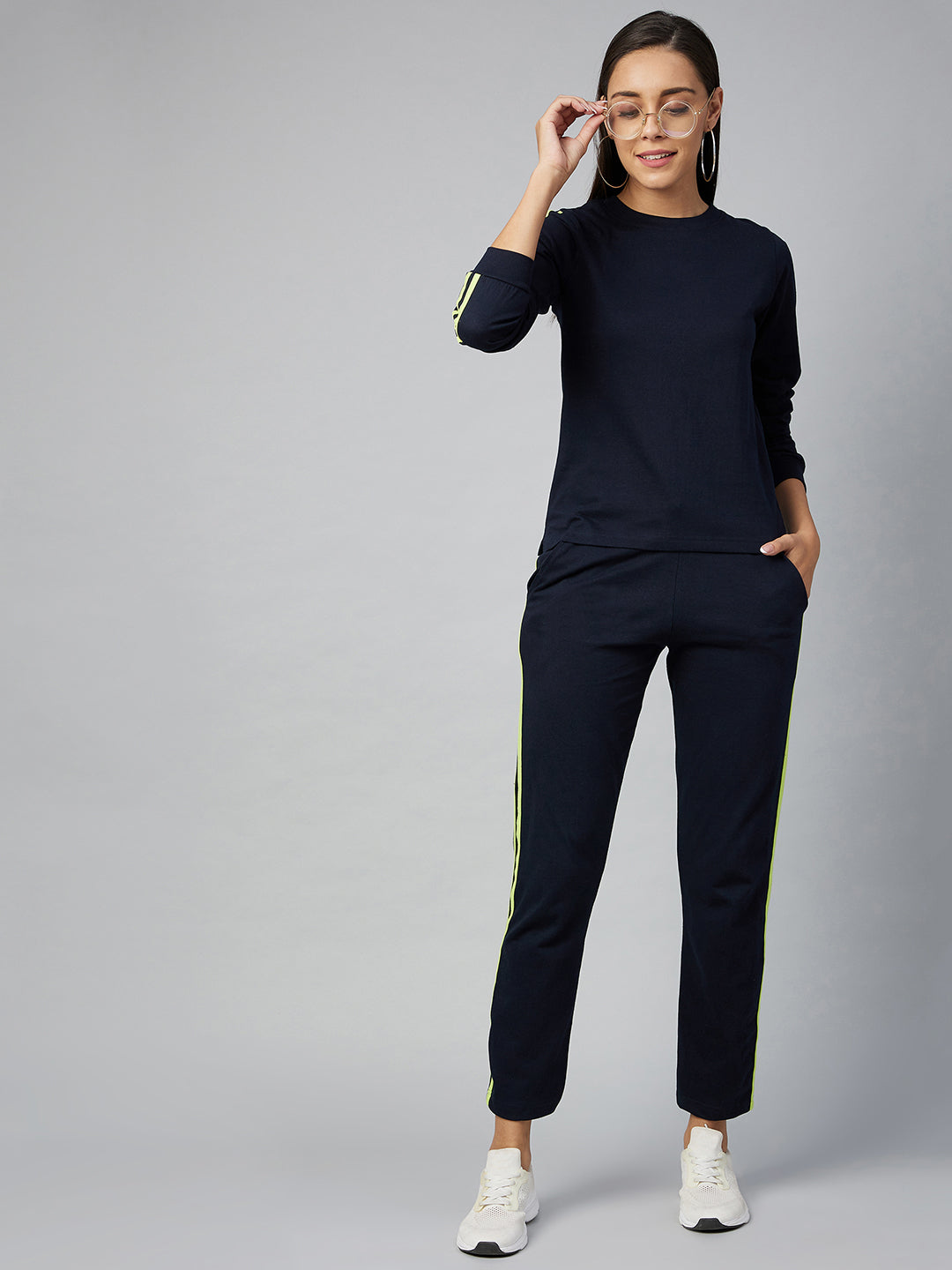 Women's Cotton Navy Blue Track Suit Set with Lime Green Stripe