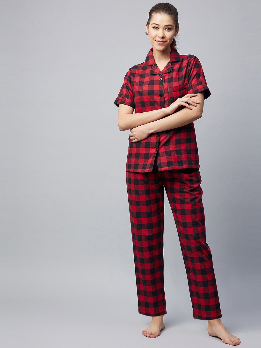 Women's Cotton Red Checkered Night Suit