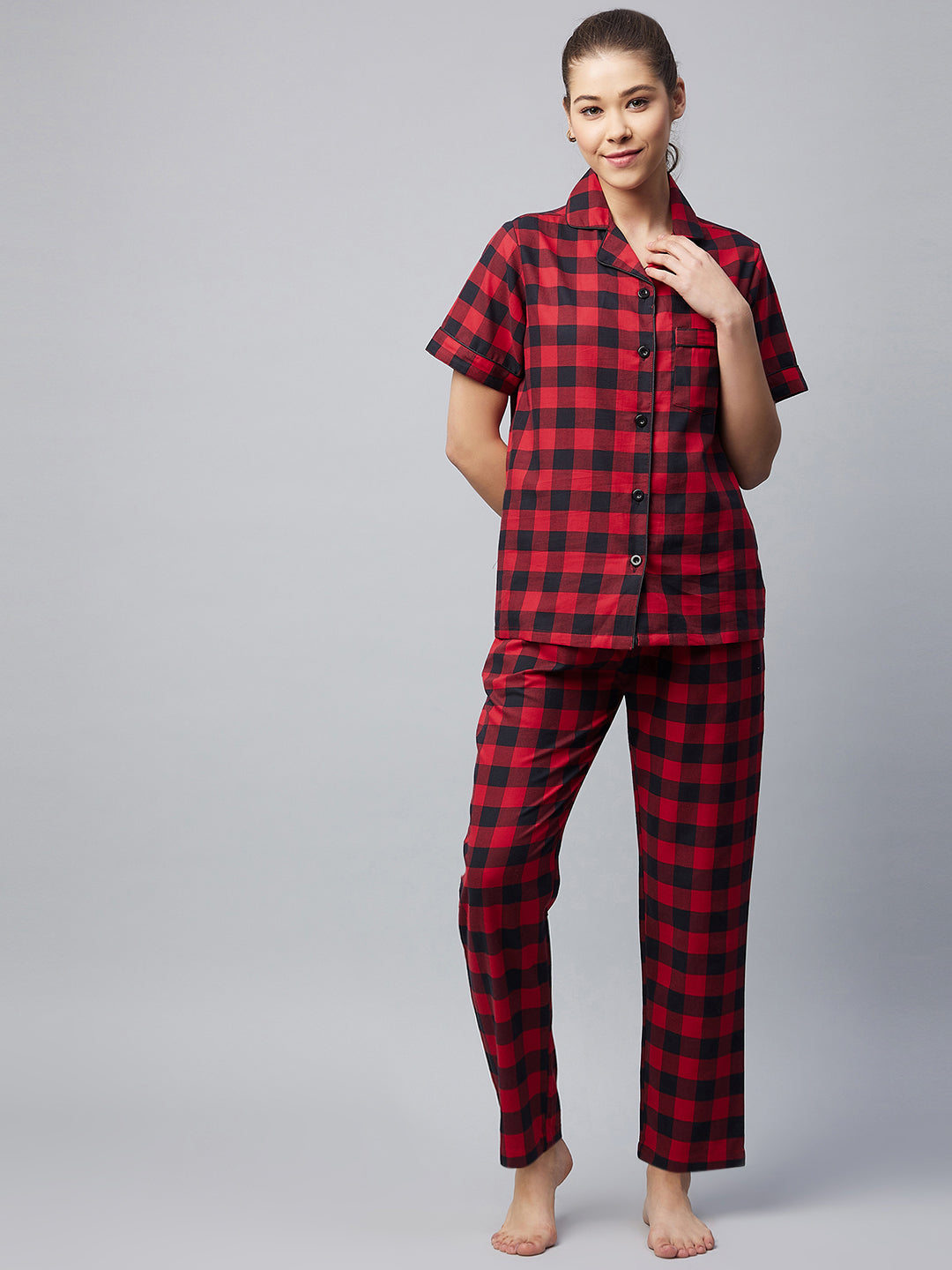 Women's Cotton Red Checkered Night Suit