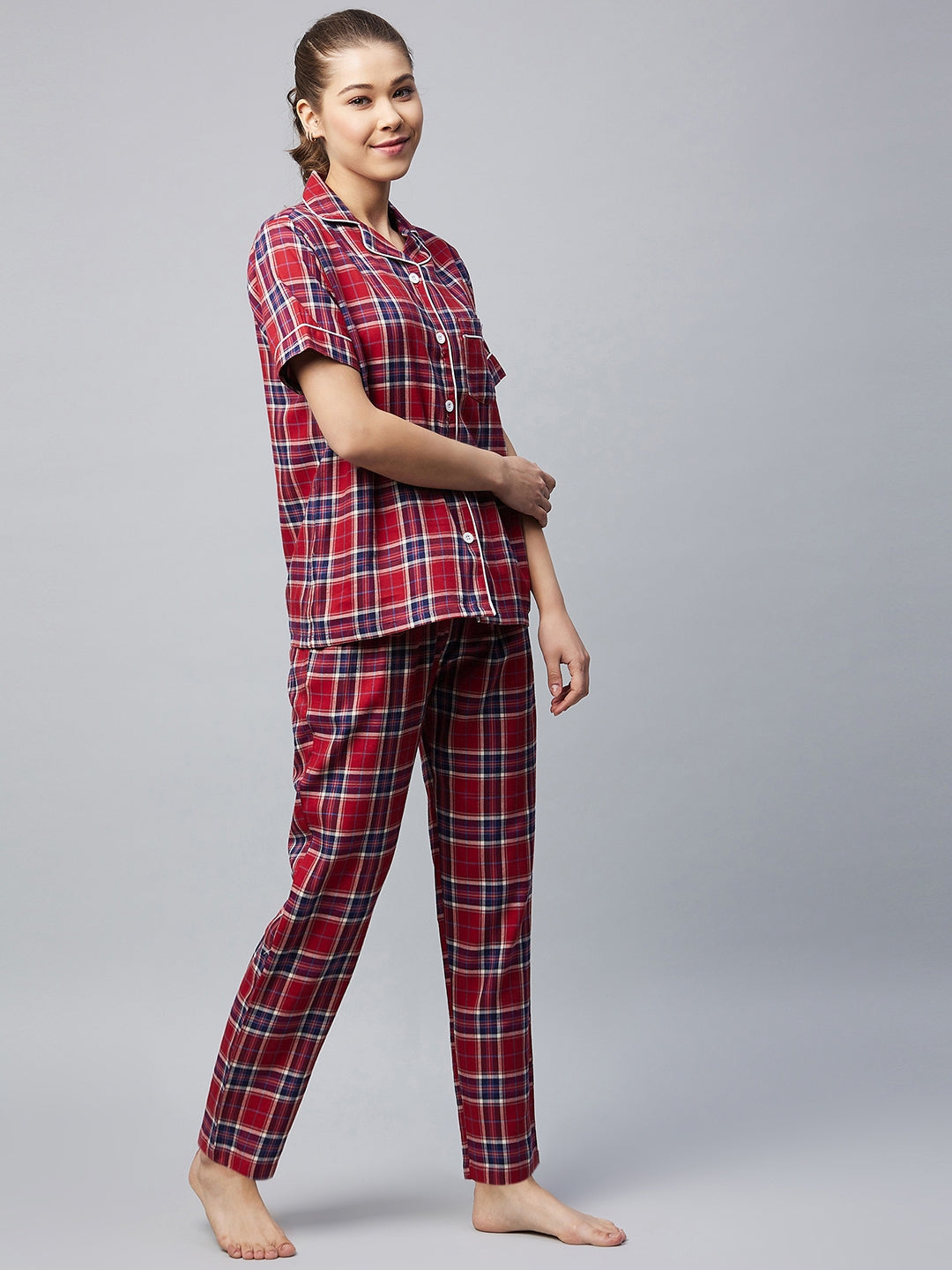 Women's Cotton Red & Blue Checkered Night Suit