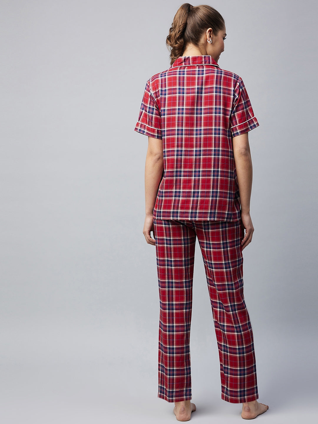 Women's Cotton Red & Blue Checkered Night Suit