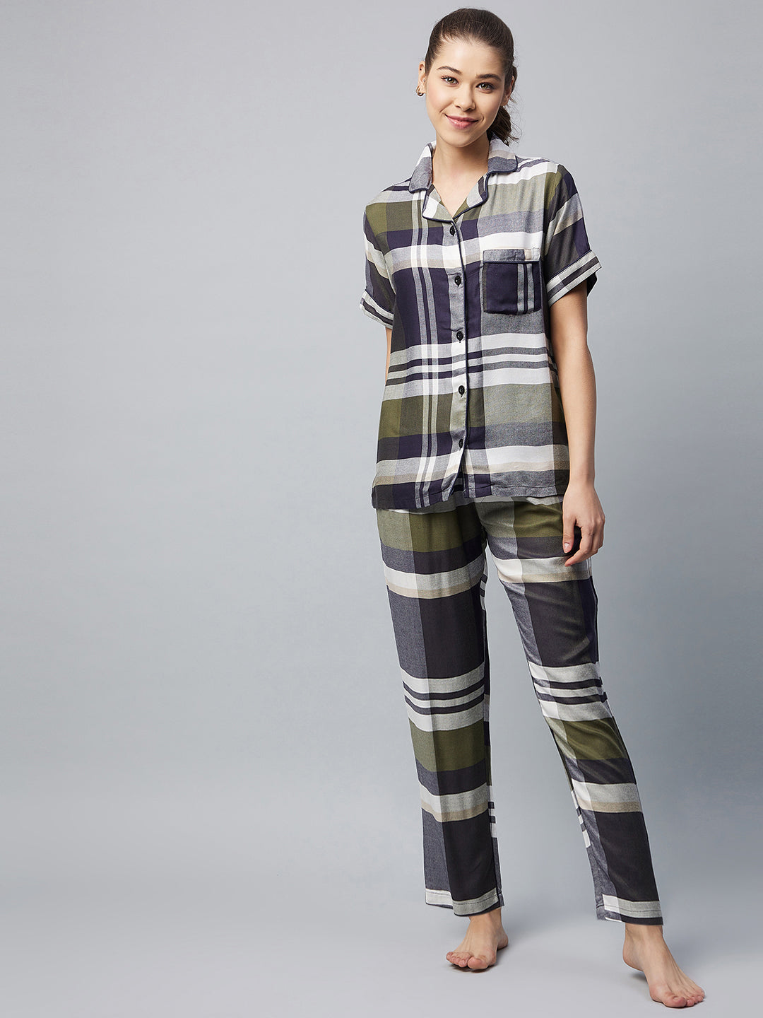 Women's Cotton Olive & Grey Checkered Night Suit