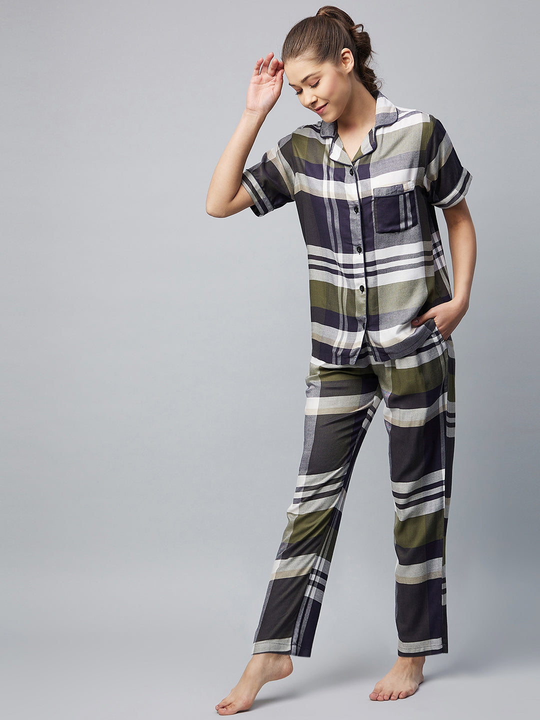 Women's Cotton Olive & Grey Checkered Night Suit