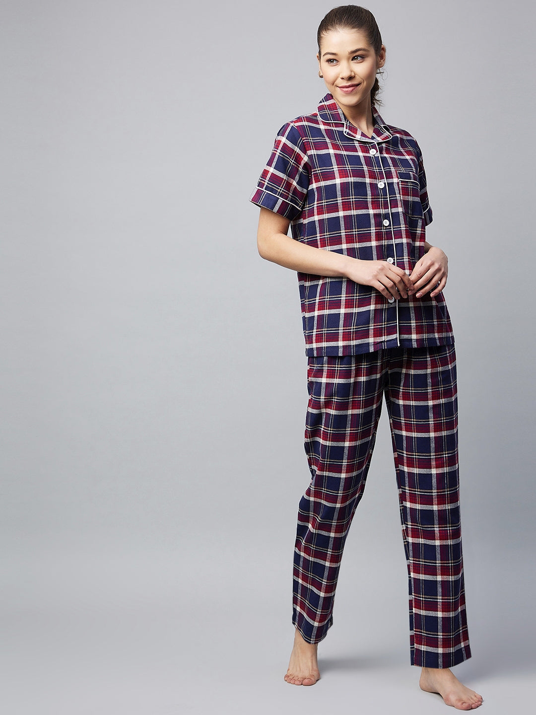 Women's Cotton Navy & Maroon Checkered Night Suit