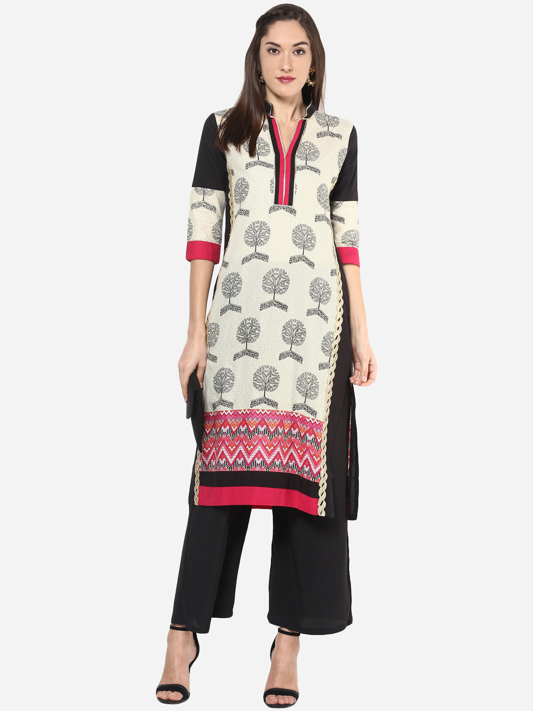 Women's Maroon Black Kurti with Lace embellished panel