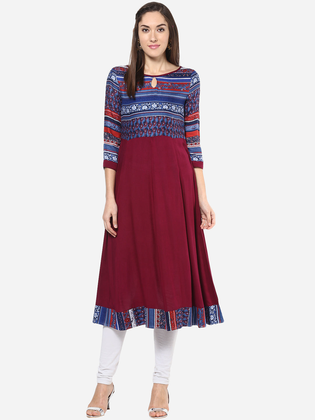 Women's Maroon Blue Anarkali Kurti