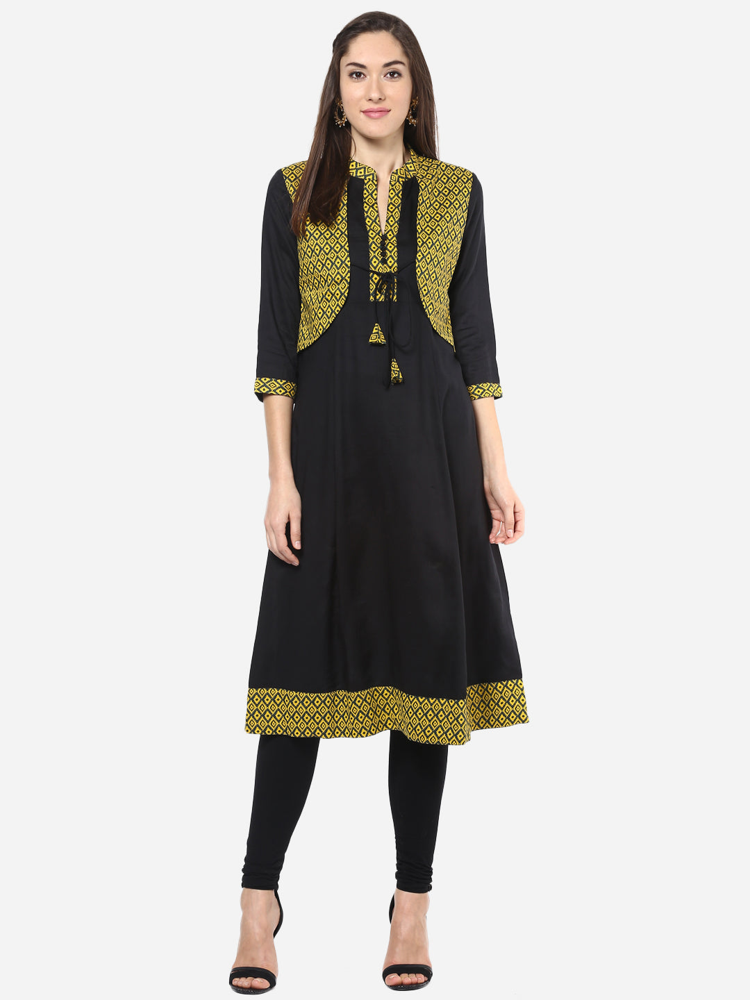 Women's Yellow and Black Jacket style Anarkali Kurti