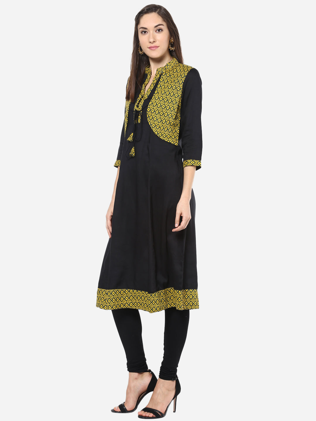 Women's Yellow and Black Jacket style Anarkali Kurti