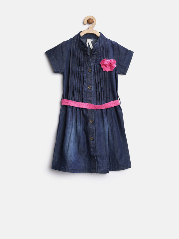 Girls Denim Dress with Pink Belt and Brooch