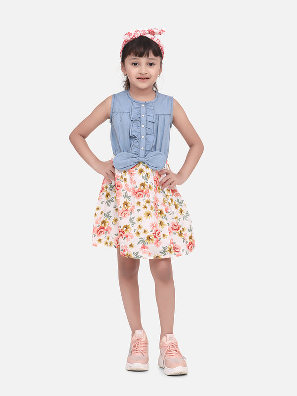 Girls Denim Dress with Floral Skirt