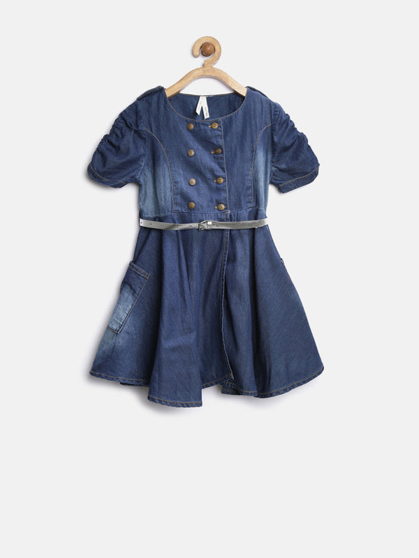 Girls Denim Puff Sleeve Flared Dress