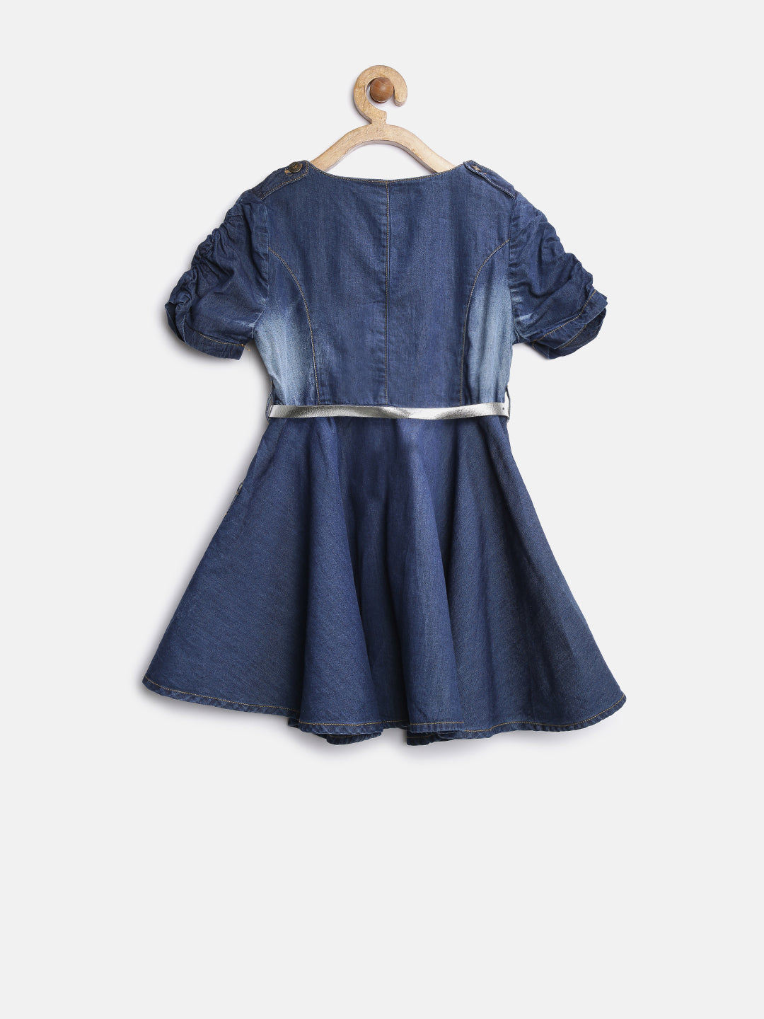 Girls Denim Puff Sleeve Flared Dress