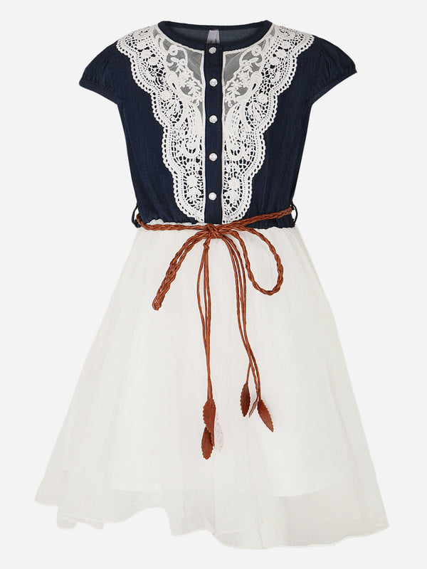 Girls Crochet Denim and Net Dress with Belt