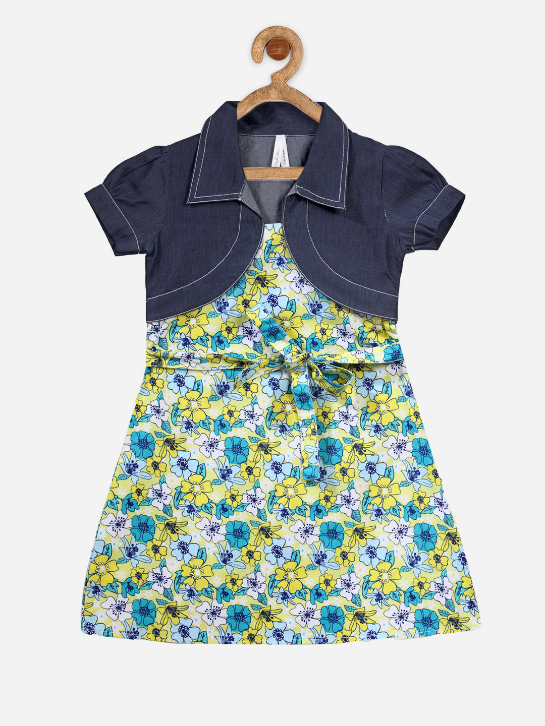 Girls Yellow and Blue Floral Dress with attached shrug