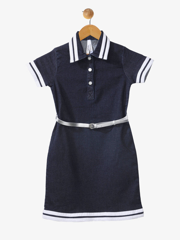 Girls Dark Blue Striped Sleeve Dress with Belt