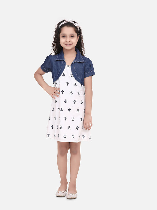 Girls White and Blue Anchor Printed Dress with attached Denim Shrug