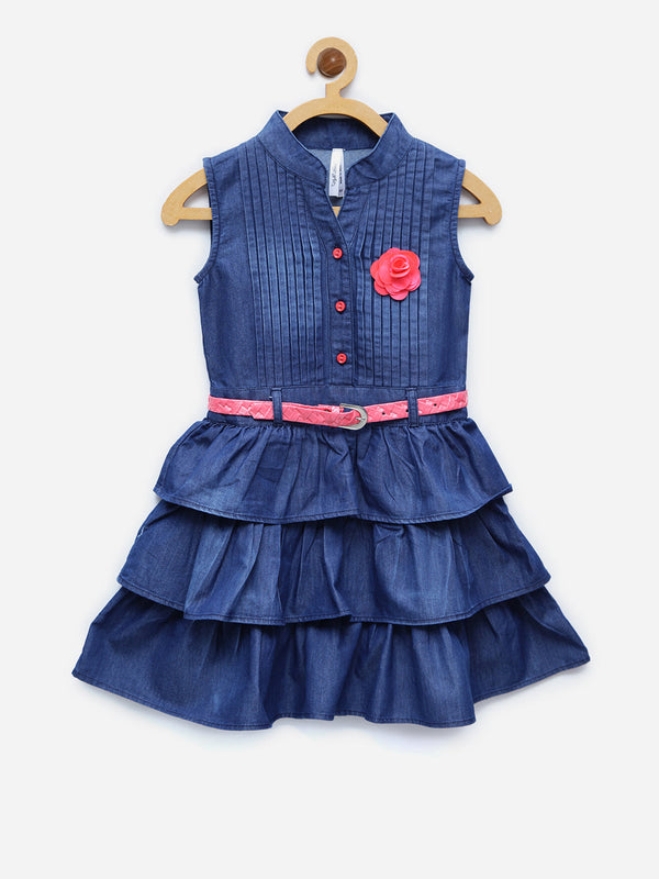 Girls Dark Blue Denim Tiered Rose Patch Dress with Belt