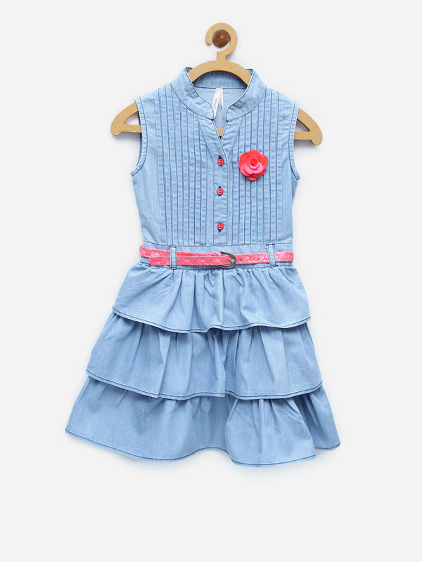 Girls Light Blue Denim Tiered Rose Patch Dress with Belt