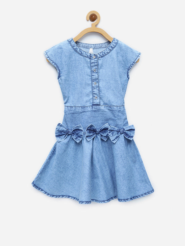 Girls Denim smocked waist and bow Dress