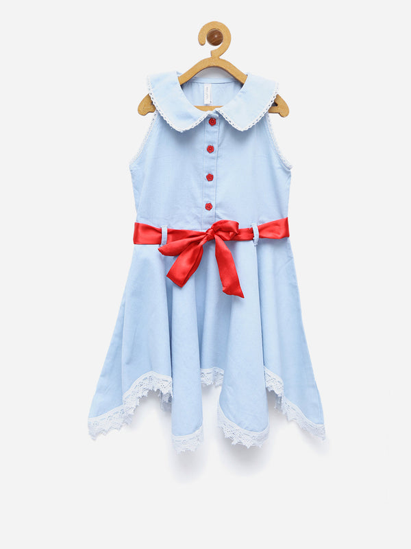 Girls Denim Asymmetrical Hemline Dress with Red Belt