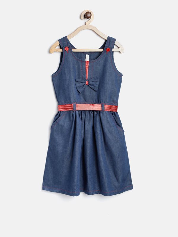 Girls Denim Dress with Red Satin Ribbon Inset