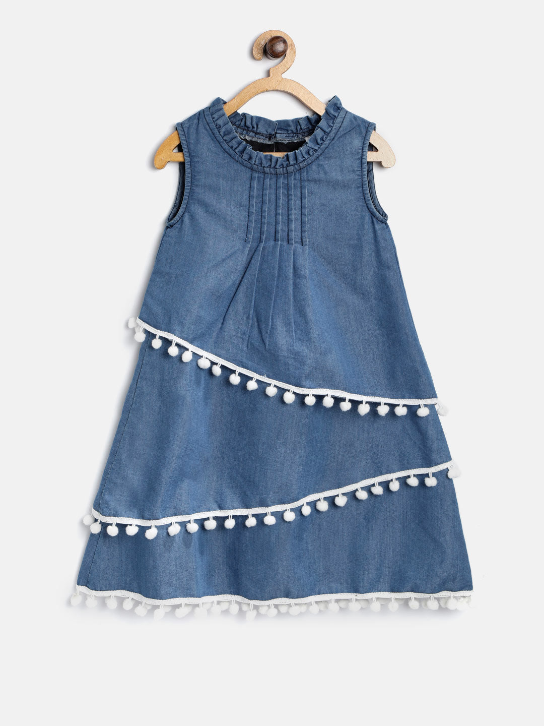 Girls Denim Dress with White Pom Pom Lace