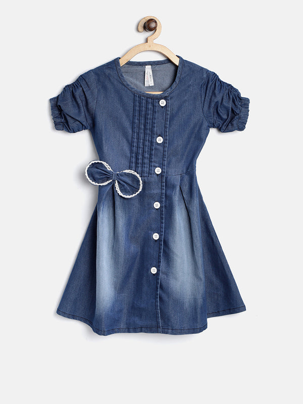 Girls Denim Dress with Bow and White Lace