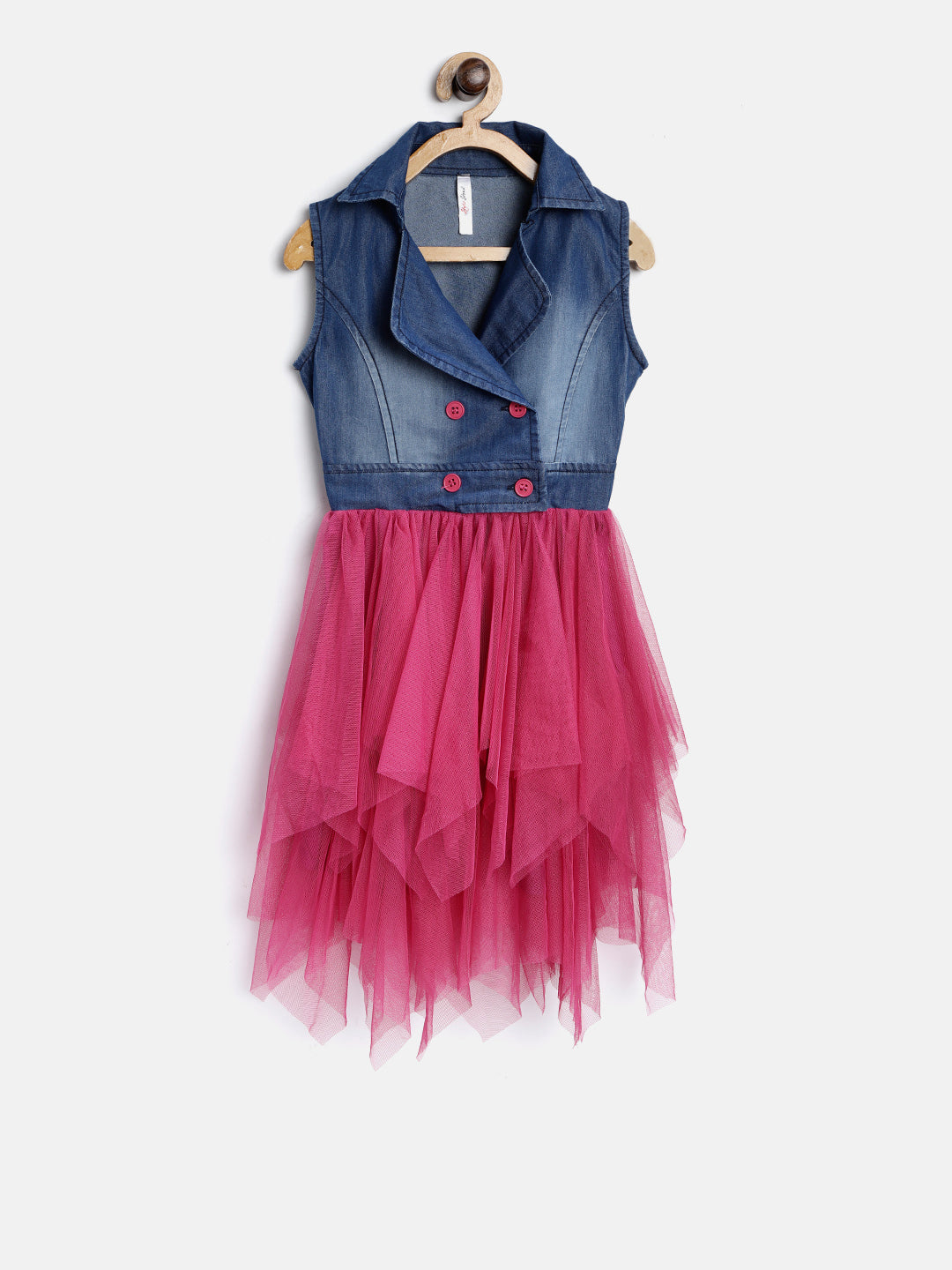 Girls Denim and Pink Net Tiered Dress