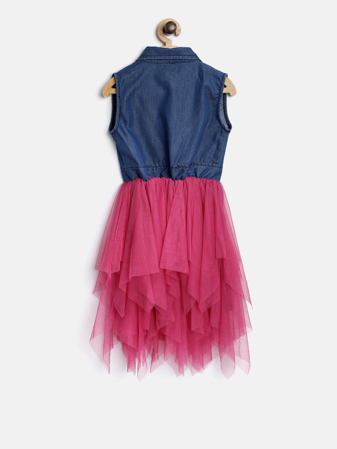 Girls Denim and Pink Net Tiered Dress