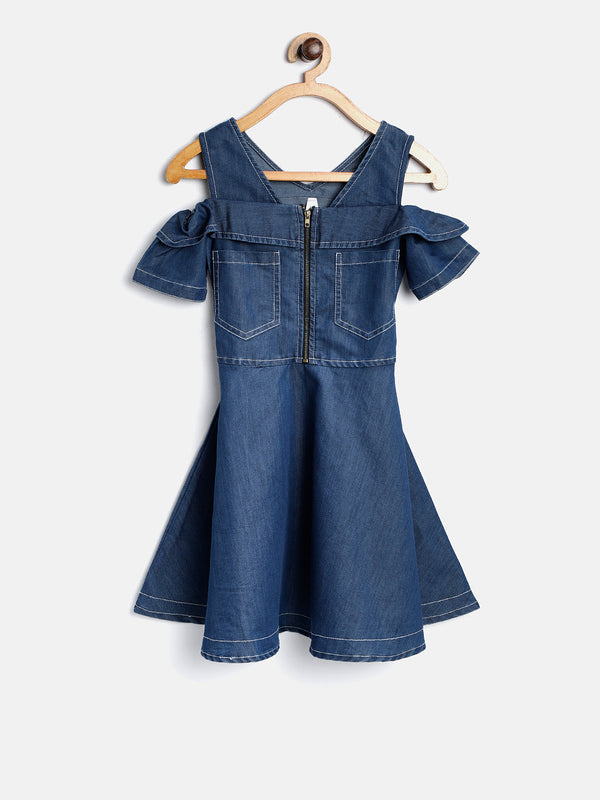 Girls Denim Zip Cold Shoulder Dress