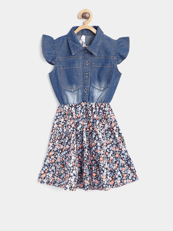 Girls Denim and Blue and Red Floral Printed Dress