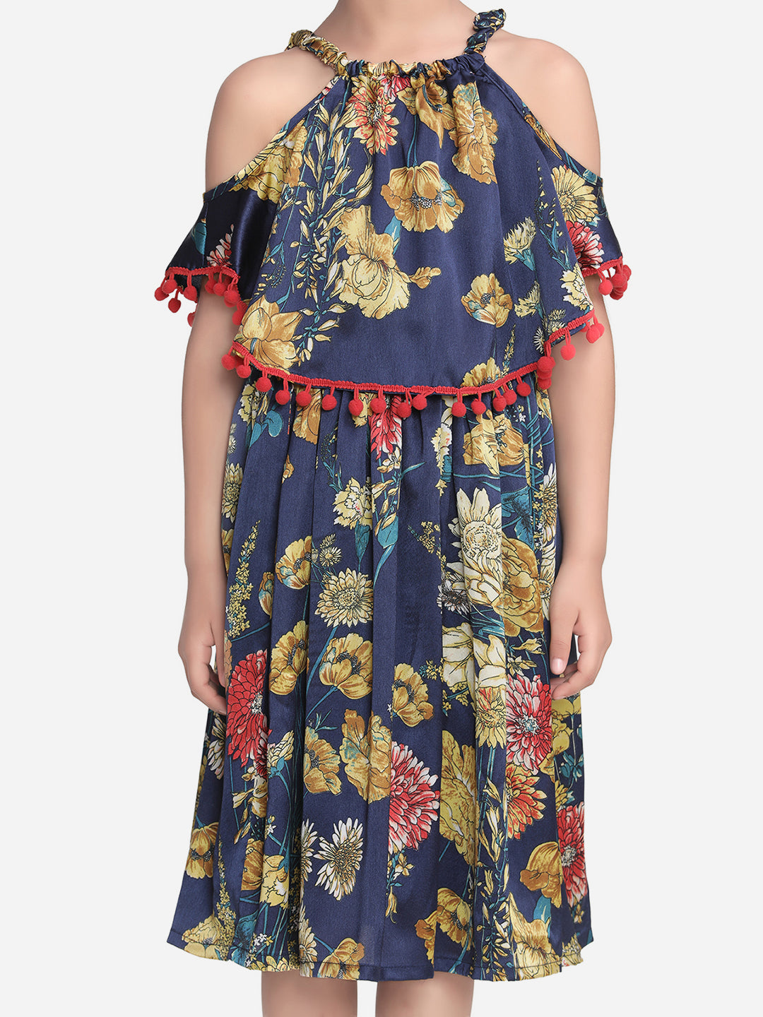 Navy Floral Printed Satin Dress with Pom Pom Lace