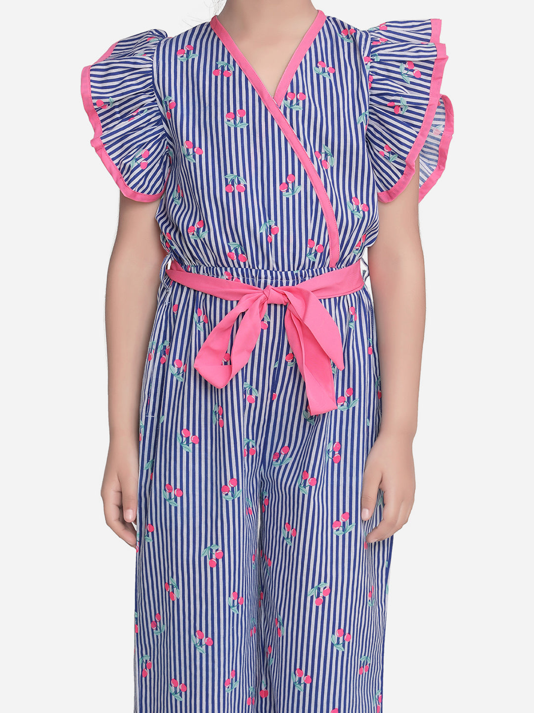 Girls Blue and Pink Stripe Cherry Jumpsuit