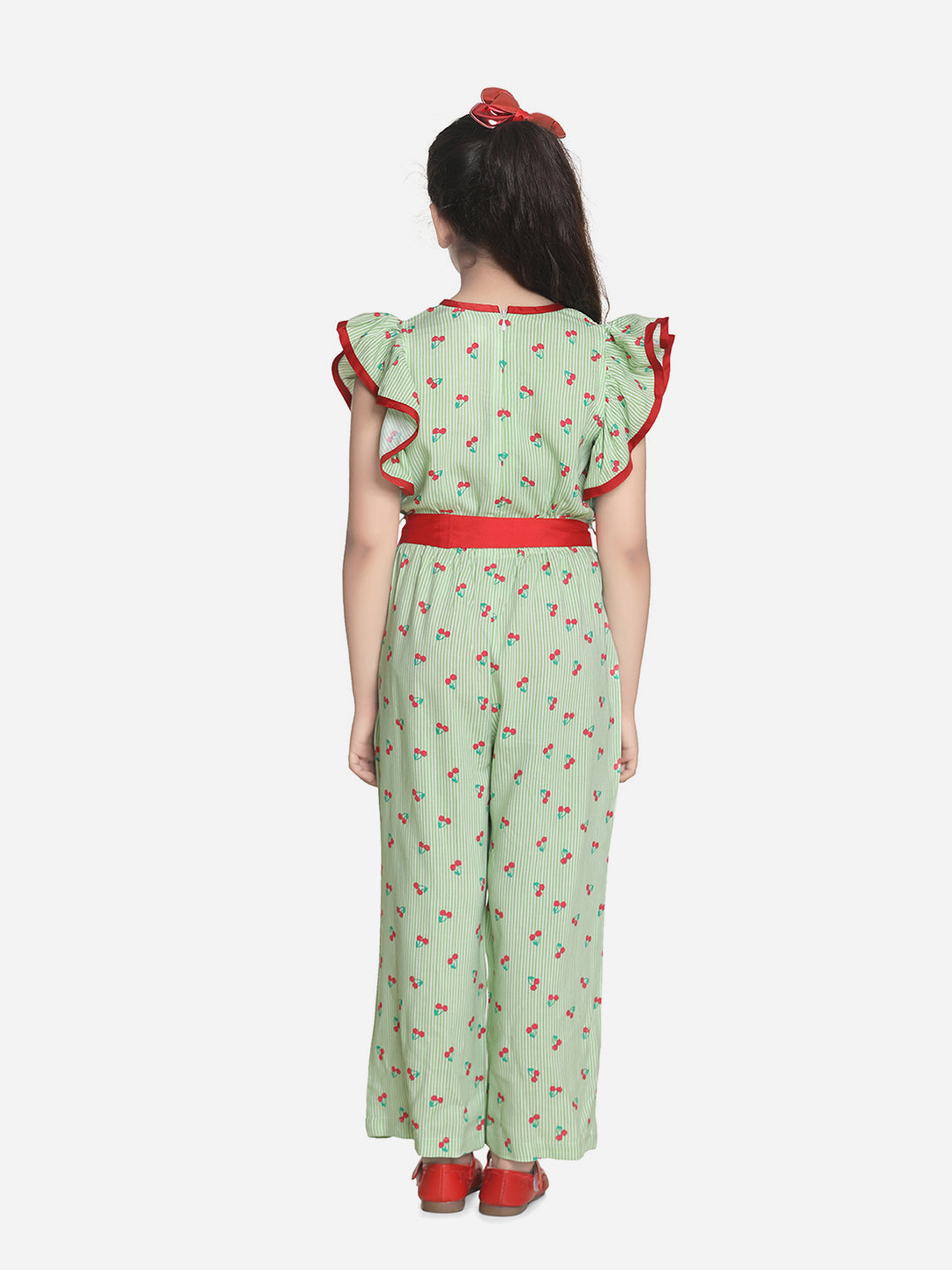 Girls Green and Red Cherry Jumpsuit with Flutter Sleeves