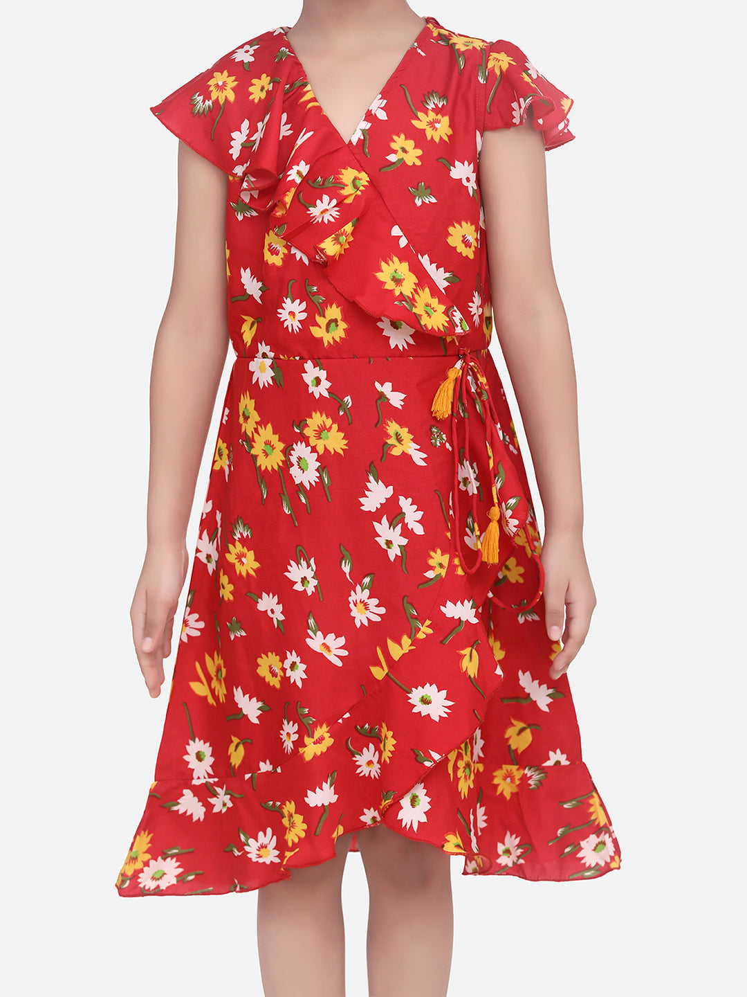 Girls Red Floral Polyester Crepe Dress with Ruffle