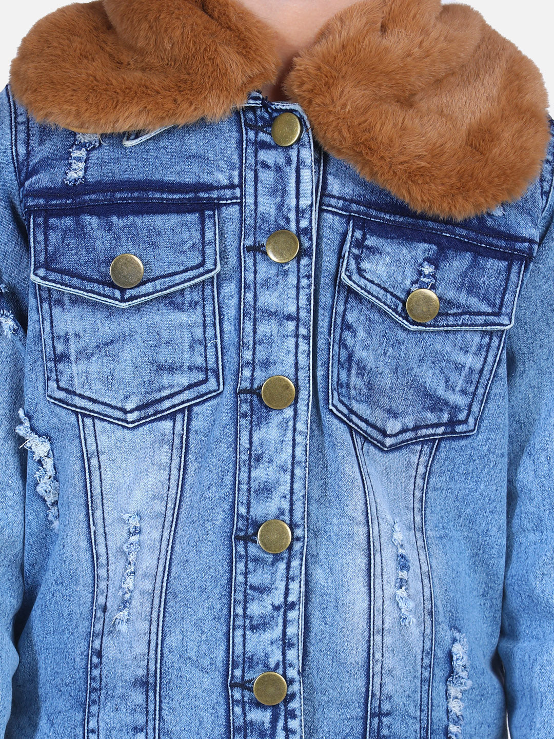 Girls Distressed Denim Jacket with Detachable Faux Fur Collar